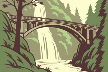 Multnomah Falls Bridge in Oregon, elegant stone pedestrian bridge spanning waterfall cascade amid lush forest