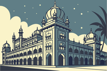 Mysore Palace in India, Indo-Saracenic palace glowing under evening illumination