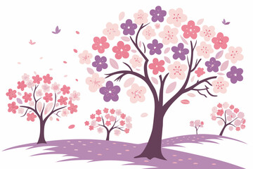 Fototapeta premium Spring orchard with blooming trees and falling petals