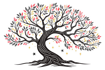 Stylized Tree with Red Black and Gold Leaves and Stars
