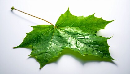 Fototapeta premium Vibrant Green Maple Leaf in Ultra-Realistic Macro Photography on a Pristine White Background, Showcasing Glossy Surface, Intricate Veins, and Natural Beauty in Crisp Detail
