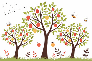 Obraz premium Three apple trees with red and yellow fruits and flying bees