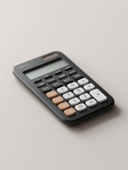Close-up of a black calculator. the calculator has a rectangular shape with rounded edges and a large lcd screen at the top.
