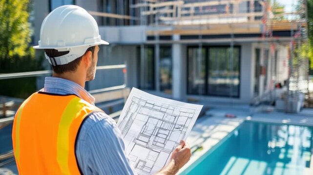 A construction worker in a safety helmet and vest examines blueprints at a modern building site. The backdrop features a swimming pool and ongoing construction work during the daytime.