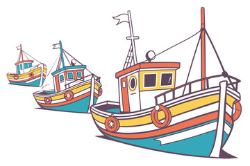 Three colorful fishing boats on white background nautical
