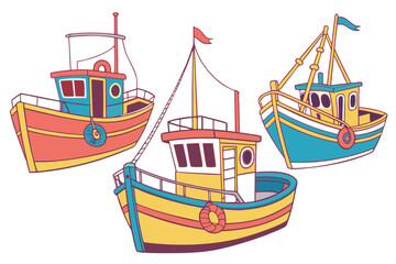 Three colorful fishing boats with transparent background