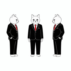 Minimalist illustration of three anthropomorphic cats wearing suits and red ties
