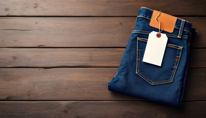 Folded denim jeans with blank price tag on wooden background representing fashion retail, clothing industry, and shopping concept.