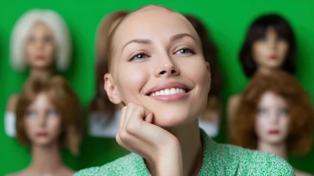 Woman smiling in front of wig display with a bright green background