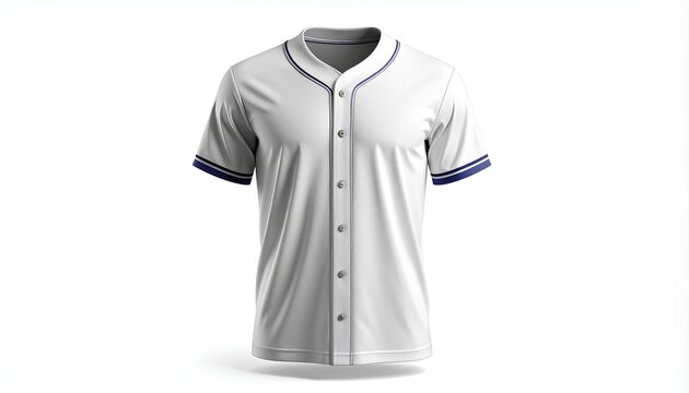 Blank white baseball jersey with blue trim isolated on a white background. A classic sportswear concept for team uniform mockups and athletic apparel design