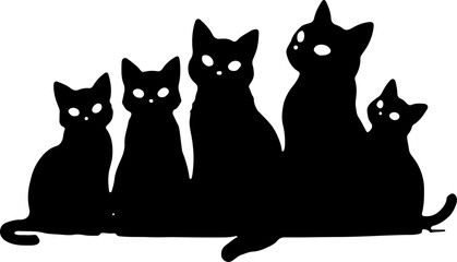 Obraz premium Group of Five Black Cats Sitting Silhouette