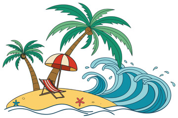 Tropical island with palm trees and ocean waves beach