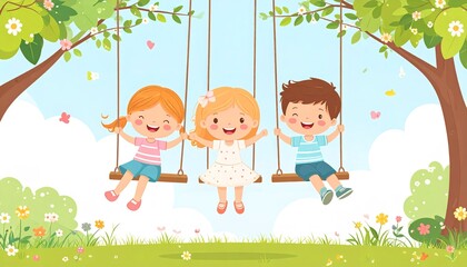 Happy cartoon kids on swing set, playful and funny illustration for cheerful themes.