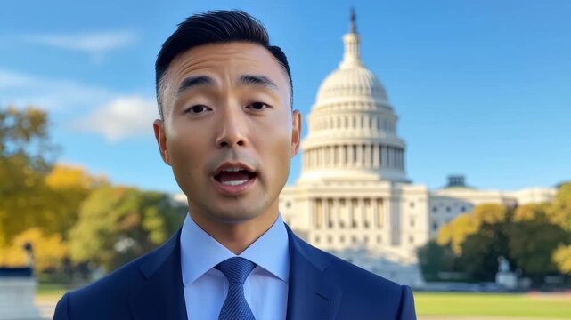 A speaker shares key updates on significant national topics in front of the Capitol building. The atmosphere is calm with clear skies and colorful autumn trees in the background.
