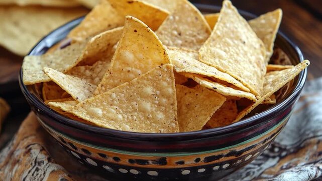 A bowl filled with crispy tortilla chips sits atop a wooden table, ready for snacking