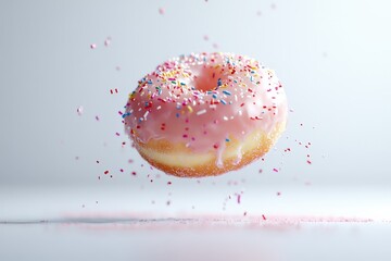 Pink glazed donut with sprinkles in mid-air.