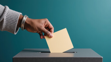Hand places yellow ballot into voting box, symbolizing civic engagement and participation in democracy
