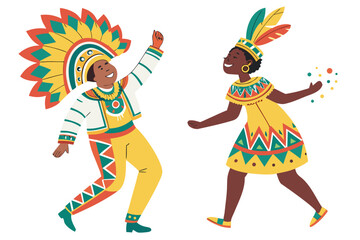 Two people in colorful traditional costumes dancing