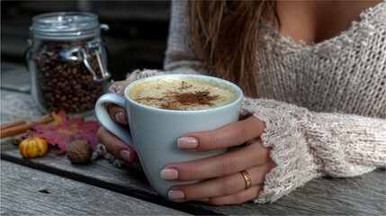 Hygge moment in autumn – woman with a cozy cappuccino