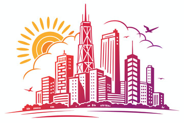 Obraz premium Vibrant City Skyline with Sun and Birds skyscrapers