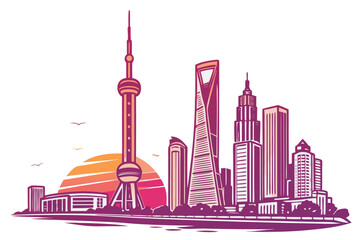Obraz premium Vibrant city skyline with sunset and birds skyscrapers