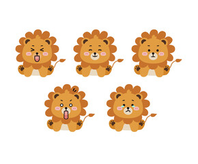 Cute lion Character Set, Animal Illustration Icons with Various Emotions and Expressions