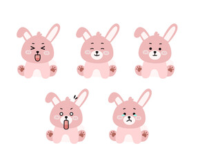 Cute Rabbit Character Set, Animal Illustration Icons with Various Emotions and Expressions