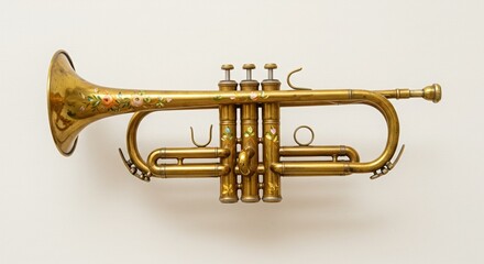 Obraz premium Antique Brass Trumpet with Floral Decoration, Isolated on White Background.