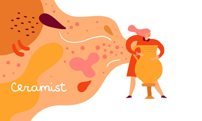 Woman ceramist is standing near clay vase, with abstract composition on background. Female potter character creates a pot. Banner with simple organic composition and optimistic mood.