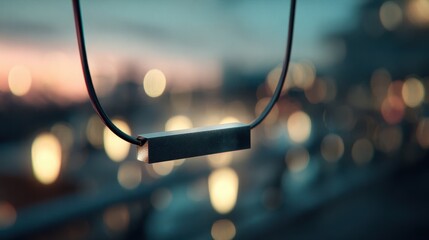Focused view on a futuristic necklace featuring a touchsensitive panel for memory storage framed by blurred ambient lighting and soft shadows.