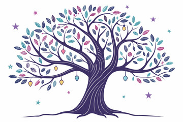 Fototapeta premium Whimsical tree with colorful leaves and hanging lanterns