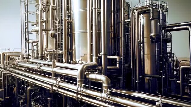 Large oil refinery with numerous pipelines and tanks. Concept of industrialization and importance of refinery in production process.