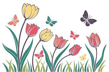 Yellow and red tulips with butterflies on white background