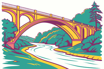 Yellow arched bridge over a teal river with green trees