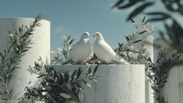 Two white doves on a decorative structure against a blue sky background