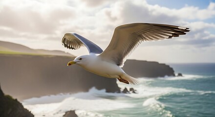 Seagull Soaring Above the Rugged Coastline - A Moment of Coastal Freedom.