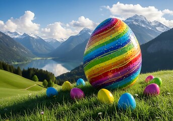 A large, colorful, rainbowstriped easter egg sits on a grassy hill with other painted eggs, overlooking a serene lake and majestic mountains under a blue sky with fluffy clouds