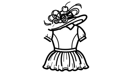 Dress with hat and bow black and white illustration of a vintage dress
