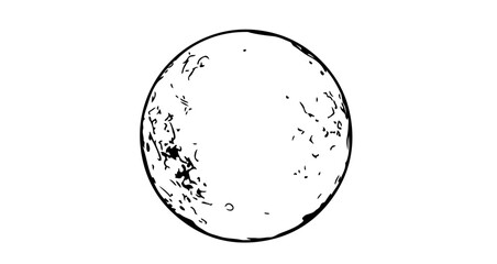 Illustration of a full moon, with craters and shadows, in a simple black and white style