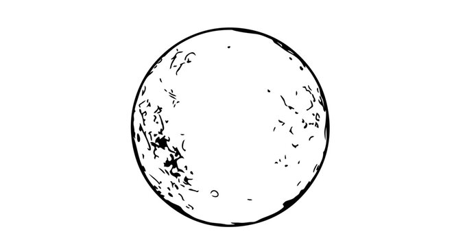 Illustration of a full moon, with craters and shadows, in a simple black and white style