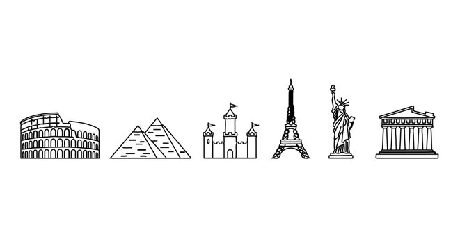 World landmarks, line art vector illustration of famous architecture