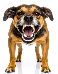 Obraz premium Angry dog growling with sharp fangs showing, isolated on white background.