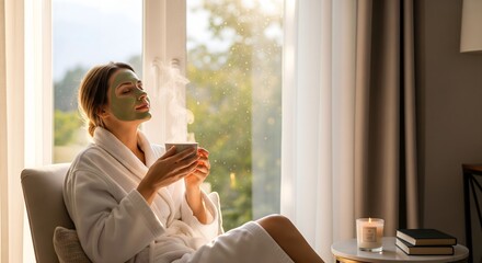 Woman in robe with face mask relaxing by window with coffee and candle on side table nearby