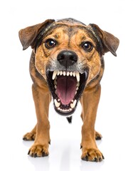 Obraz premium Fierce attack dog baring sharp fangs, aggressive stance, isolated on white.