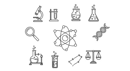 Fototapeta premium Science and laboratory equipment line art, a collection of tools for research