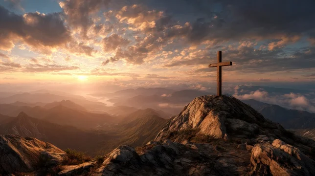 Majestic cross with golden sun rays over mountains