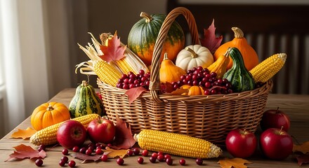 A bountiful harvest basket filled with pumpkins corn apples cranberries and colorful autumn leaves