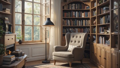 Elegant reading nook with cozy armchair and shelves filled with books
