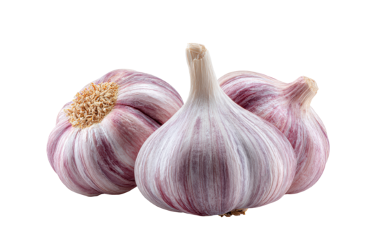 Three garlic bulbs are sitting on a white background. The bulbs are large and have a pink and white color, png