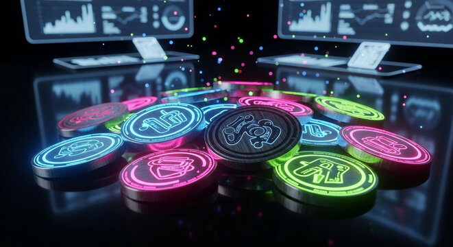 Neon-Glow Cryptocurrency Coins Pile with Digital Data Displays and Bokeh Lights